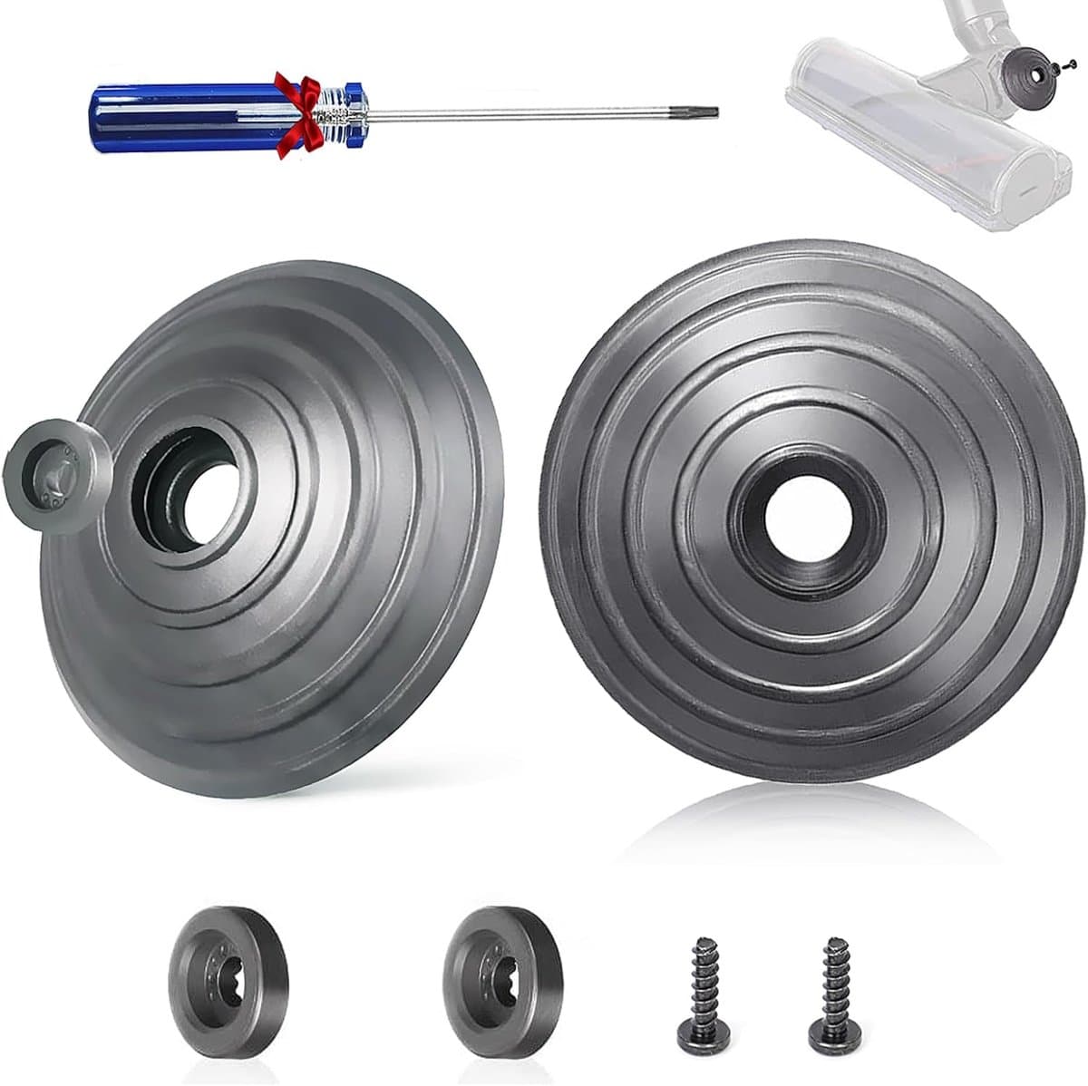 Vervangende V-Ball Wielen voor Dyson V6/V7/V8/V10/V12 & DC58/59/62/72/74 – 2x Wielen + Schroeven & Bevestigingen + Mini Schroevendraaier – Voor Direct Drive Zuigmond — afbeelding 1