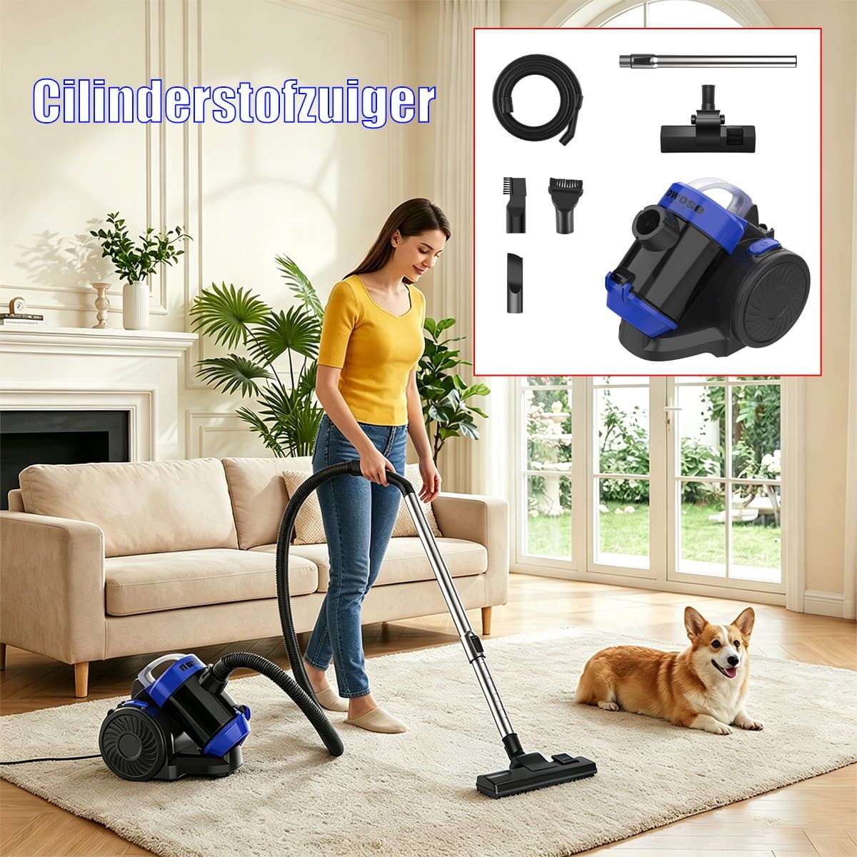Cyclonische Stofzuiger 1200W met HEPA-filter en Accessoires – Stille Cilindrische Stofzuiger Zonder Stofzak Voor Tapijten, Harde Vloeren en Haren — afbeelding 1
