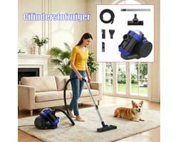 Cyclonische Stofzuiger 1200W met HEPA-filter en Accessoires – Stille Cilindrische Stofzuiger Zonder Stofzak Voor Tapijten, Harde Vloeren en Haren