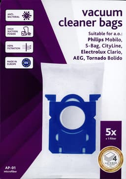 Vacustock stofzuigerzakken - Philips Mobilo, S-BAG, Cityline - Electrolux Clairio, AEG, Tornado Bolido - doos 5 zakken en 1 filter — thumbnail 1