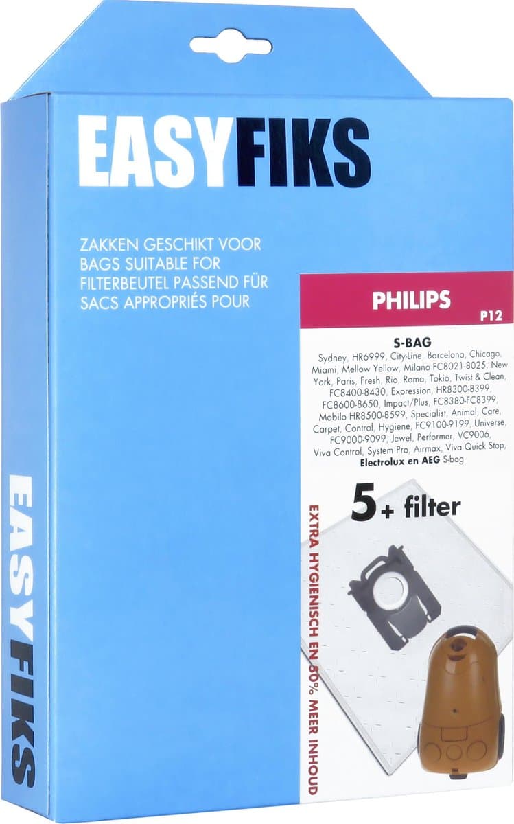 Easyfiks P12 stofzuigerzakken geschikt voor Philips S-bag - series Performer Active, Expression, Mobilo - 5 Stuks + 1 filter — afbeelding 1