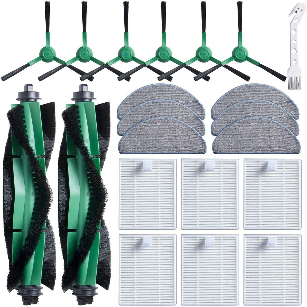 Accessoireset geschikt voor iRobot Y0110/Y0112/Y0140/Q0120/Q0110 robotstofzuigers - vervanging voor Roomba Essential - reserveonderdelen - Onderhoudsset - 6 filters - 6 dweilpads - 1 reinigingsborstel - 2 handborstels - 6 zijborstels — afbeelding 1