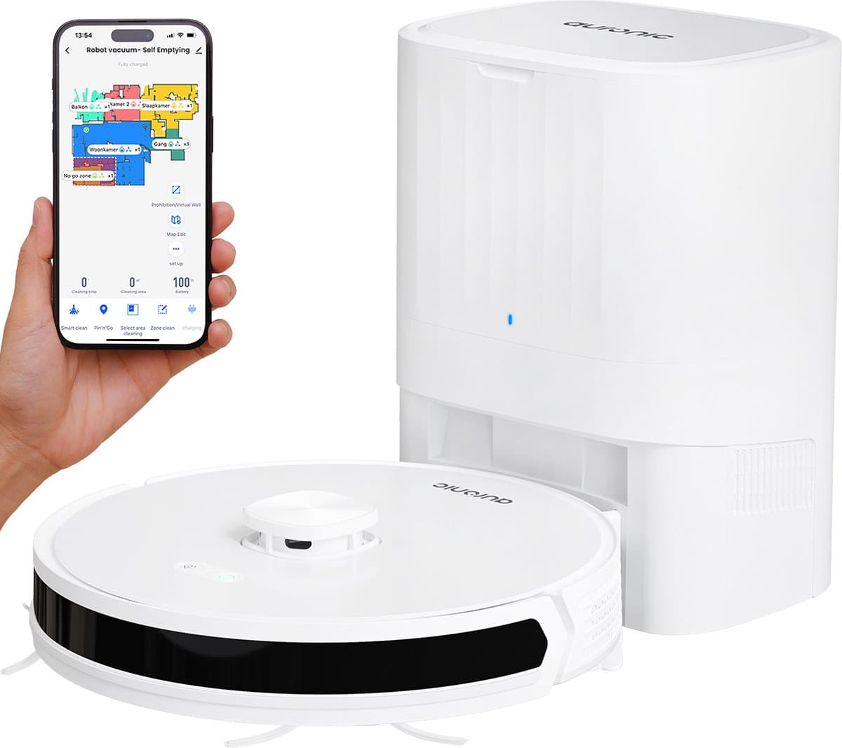 Auronic Robotstofzuiger - Met Dweilfunctie - WiFi en App - Laadstation - Huisdieren - Dweilrobot - Laser Navigatie - Automatisch Leegstation - Wit — afbeelding 1