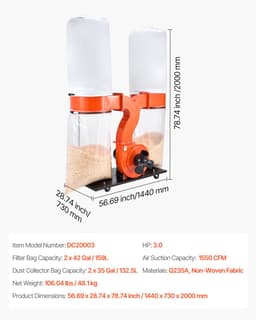Stofafzuiger - Spaanafzuiger - Luchtstroom 2634 m³/u - Filtratie 2,5 micron - Motor 3,0 pk - Non-woven stofzakken 2x 132,5 l + filterzakken 2x 159 l - Toerental 2800 tpm — thumbnail 4