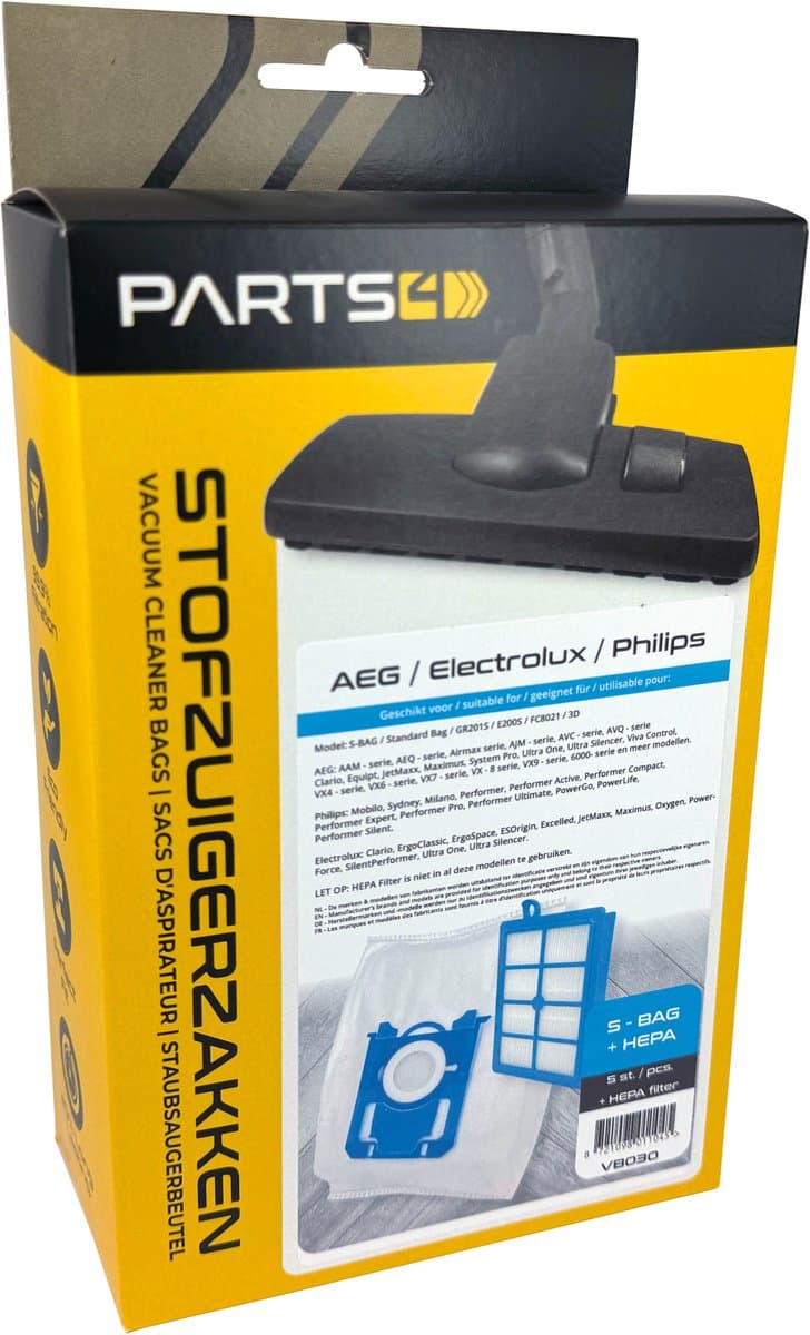 5 Stofzuigerzakken PARTS4® geschikt voor AEG / Philips / Electrolux S-BAG + HEPA Filter | Passend in o.a. AEG VX6, VX7, VX8, 6000 serie, GR201 of Philips Active, PowerPro, PerformerPro, PH99, FC8021/03, FC8021/05 — afbeelding 1