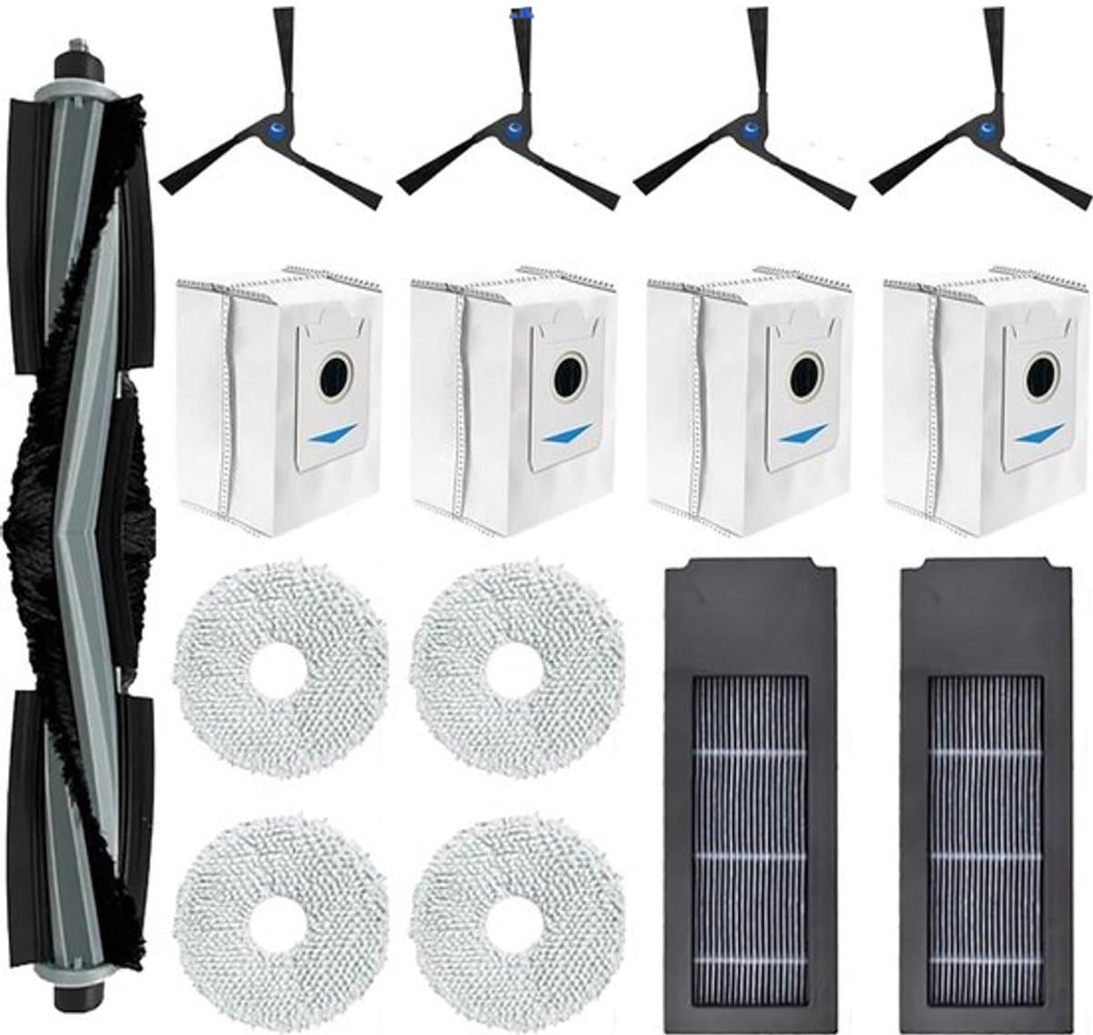 15 stuks vervangende accessoires set geschikt voor Ecovacs Deebot X2 / X2 Omni / X2 Pro / DEX86 stofzuiger reserveonderdelen, 1 hoofdborstel, 4 zijborstels, 2 hepa-filters, 4 stofzakken, 4 dweildoeken — afbeelding 1