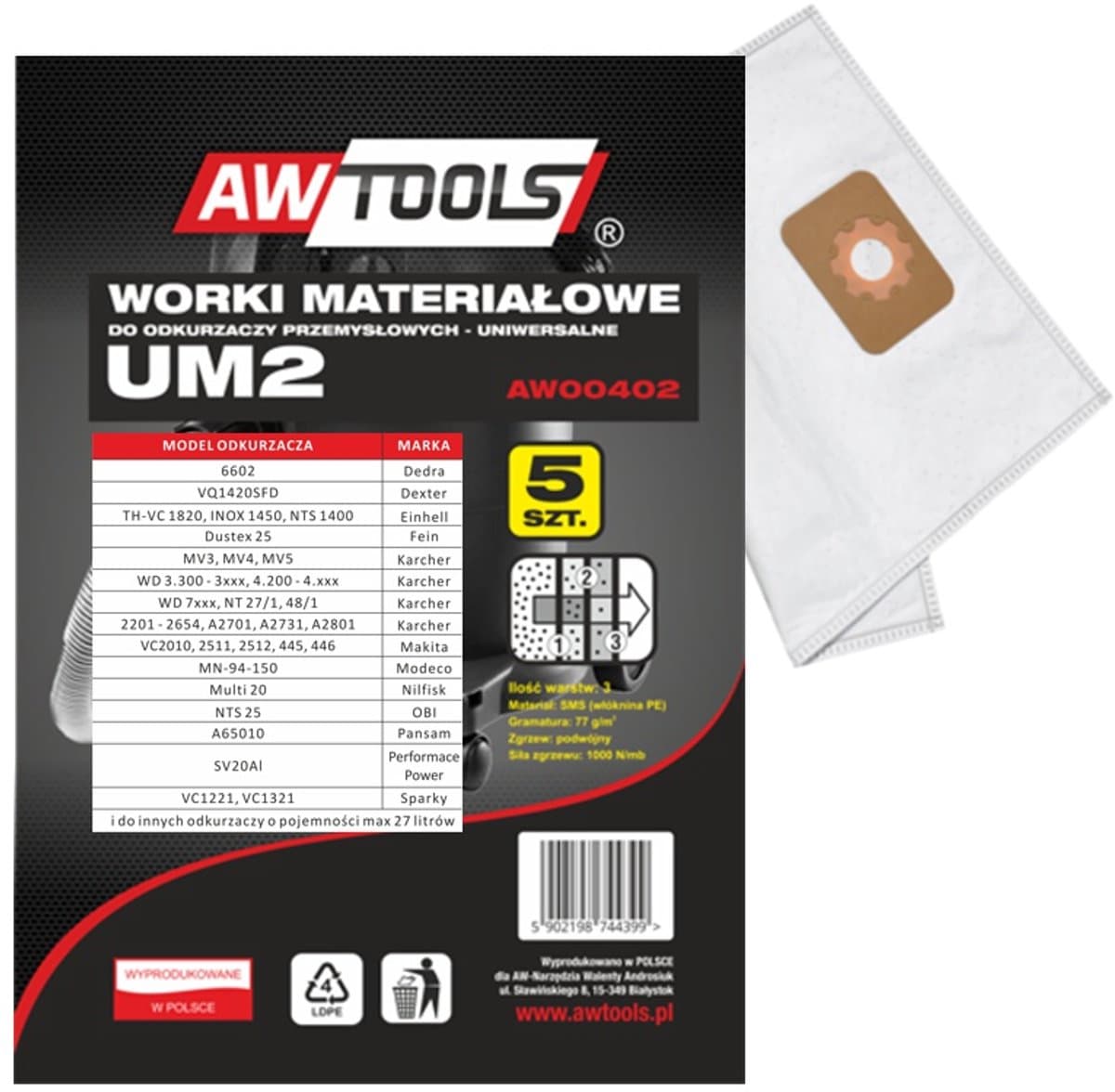AWTools - Microvezel Stofzuigerzakken - 5 Stuks - Trifiltratie - Makita VC2010 Compatibel — afbeelding 1