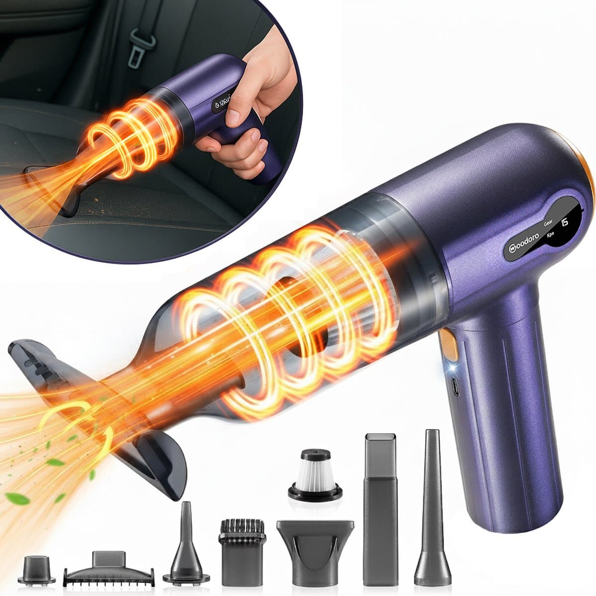 Kruimeldief Snoerloos – 15000 PA Zuigkracht – 7 Opzetstukken – Auto Handstofzuiger met HEPA Filter – Air Duster – Kruimelzuiger – Woodoro — afbeelding 1