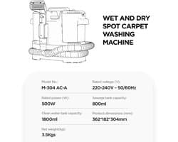 Handstofzuiger - 500W - 12Kpa Zuigkracht - Nat En Droog - 1800ml Reservoir - Voor Tapijt En Slaapbank