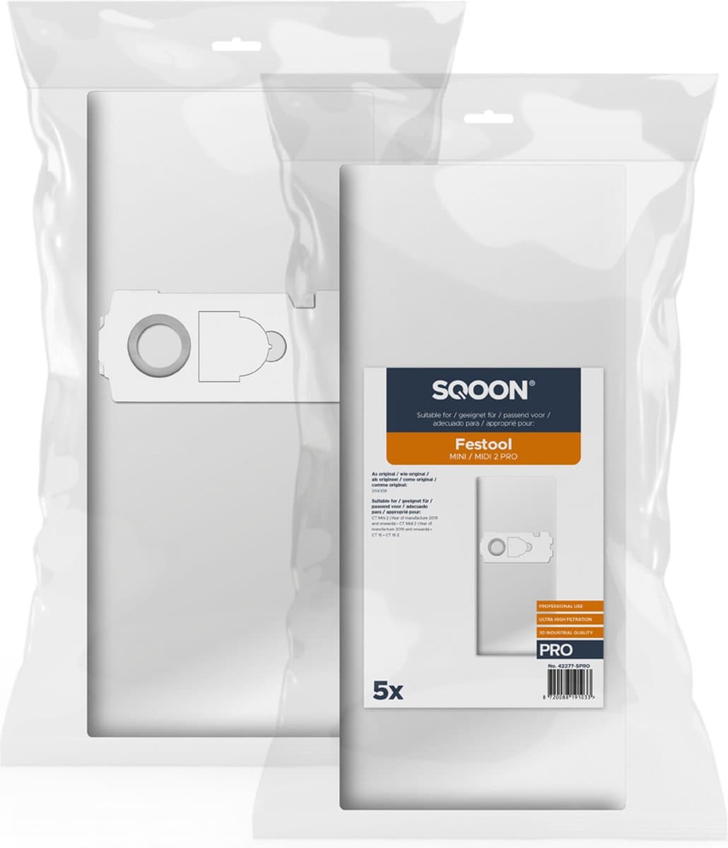 SQOON® Stofzuigerzakken geschikt voor Festool Mini / Midi 2 (vanaf 2019) – Fijnstof geschikt – 5 stuks — afbeelding 1