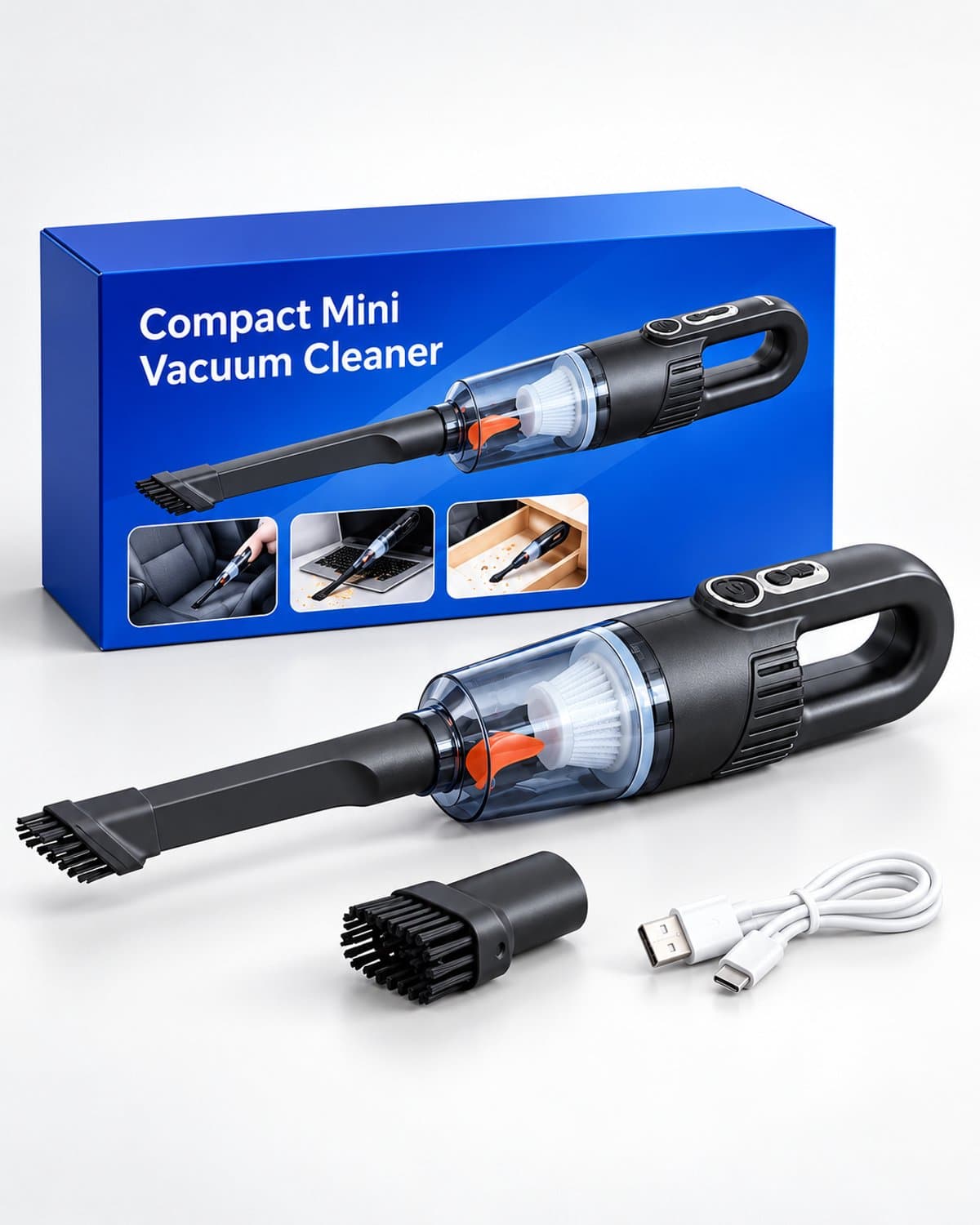 Draadloze Handstofzuiger voor Auto & Huis – Oplaadbare Mini Kruimeldief met USB-C – Compacte Autostofzuiger met HEPA-Filter, Kierenhulpstuk & Borstelopzetstuk – Voor Auto, Keuken & Woonkamer — afbeelding 1