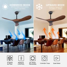 COVREO Plafondventilator zonder licht, 6 snelheden – Stille omkeerbare DC-motor – Binnen/buiten – 42 inch – Zwart/walnoot — thumbnail 5