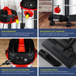 MASKO® Alleszuiger Nat- en Droogzuiger 1800W + stopcontact, Blaasfunctie, Droog- & natzuigen | Industriële stofzuiger vuilreservoir 30L Bouwstofzuiger - Rood — thumbnail 2