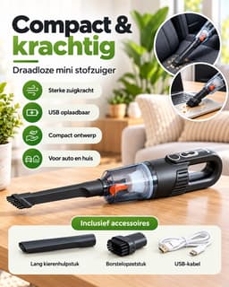 Draadloze Handstofzuiger voor Auto & Huis – Oplaadbare Mini Kruimeldief met USB-C – Compacte Autostofzuiger met HEPA-Filter, Kierenhulpstuk & Borstelopzetstuk – Voor Auto, Keuken & Woonkamer — thumbnail 2