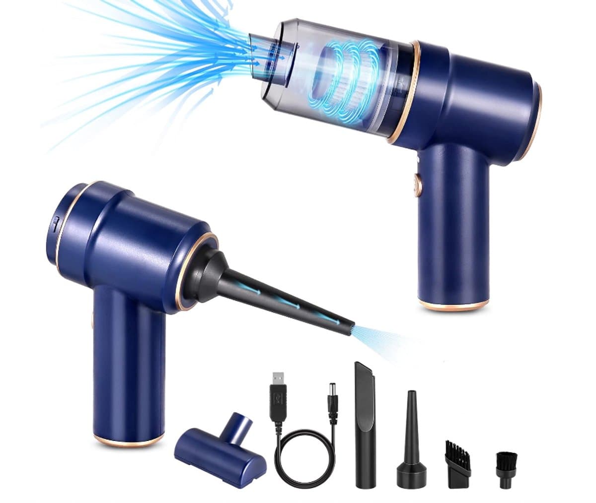 3-in-1 Draadloze Handstofzuiger met Persluchtblaasfunctie, Oplaadbare Mini Stofzuiger Basismodel Blauw voor Huisdierenhaar en Autoreiniging — afbeelding 1