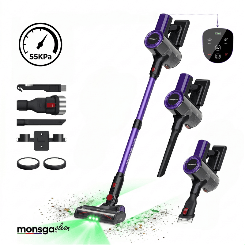 MONSGA M100 Paarse draadloze stofzuiger, 55000 Pa 45 min stofzuigers voor thuis, Touch display, Groen licht onthult stof, Anti-klit staande stofzuiger zelfstaand, Stofzuiger draadloos oplaadbaar voor huisdierenhaar/tapijt — afbeelding 1