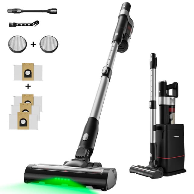 Ochama draadloze stofzuiger, 350 W 28 kPa krachtige zuigkracht, zelfreinigend laadstation, 35 min looptijd, 180° plat liggen, groene led-koplamp, 5-laagse filtratie, voor dierenhaar, tapijten en harde vloeren