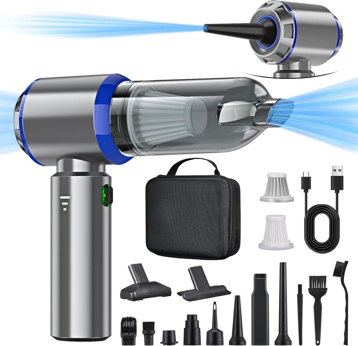 Handstofzuiger 3-in-1 - Draadloze Stofzuiger Mini - Auto en Huis Reinigen - 18000 PA Sterke Zuigkracht - 0.2 liter - Zilverblauw — afbeelding 1