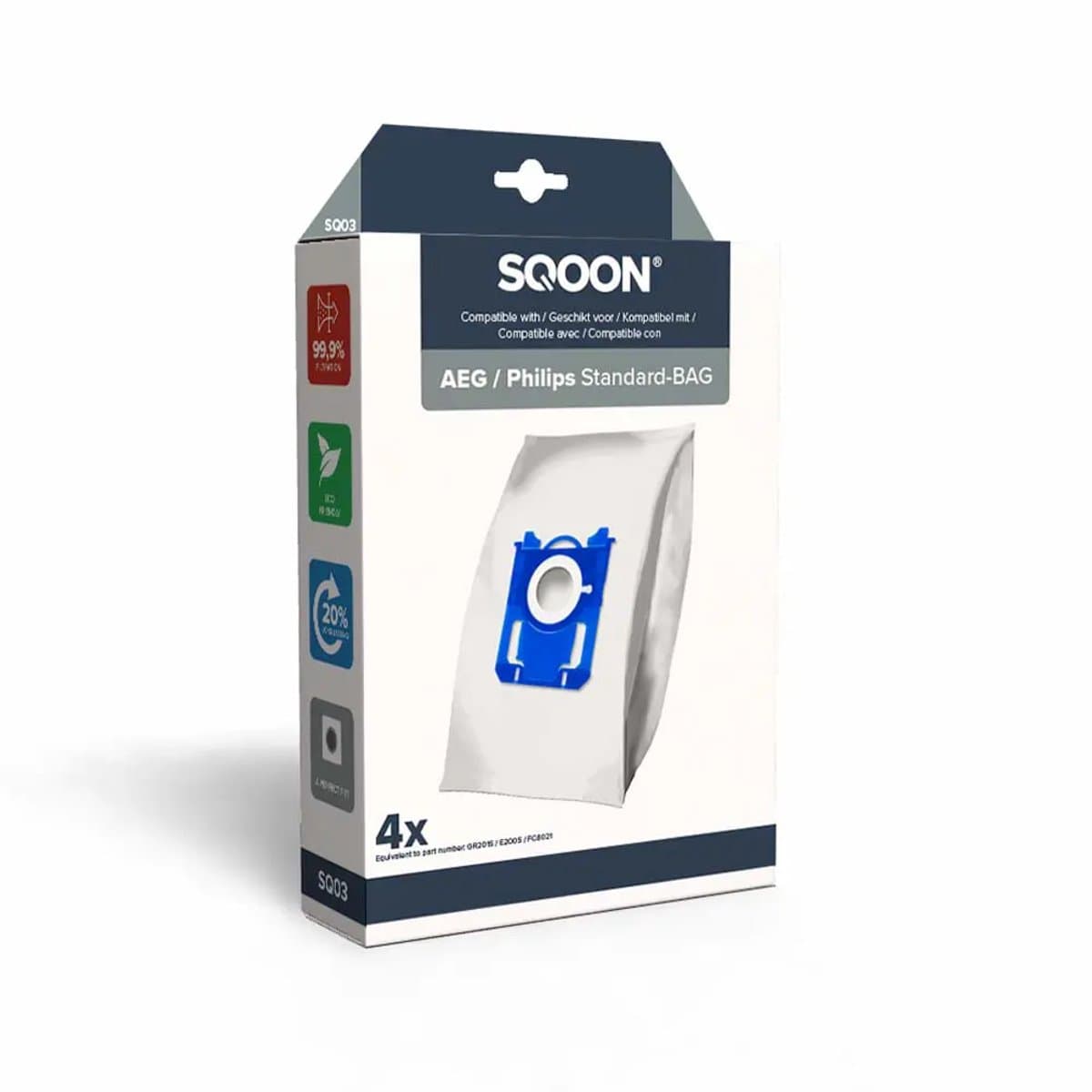 SQOON® Stofzuigerzakken - Geschikt voor AEG (VX8.2 Silence, VX7, VX6, GR201S, GR201M), Philips (3000 Series, Power Go, Performer) en Electrolux (Standard Bag, XXL130, Ergospace) - Hoogwaardige Kwaliteit! - 4 stuks — afbeelding 1