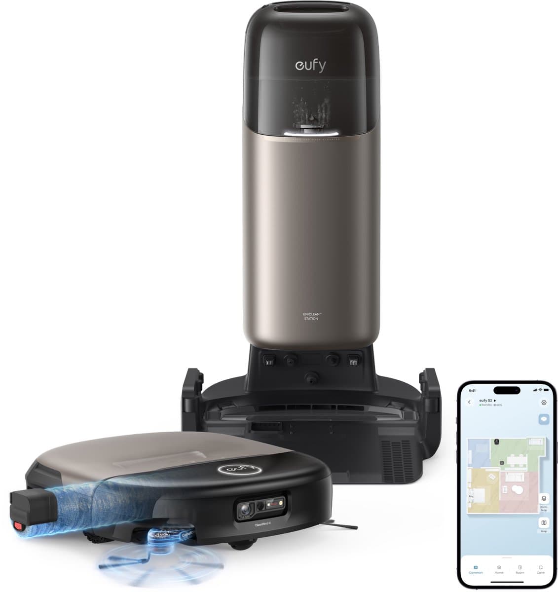 eufy S2 Nieuw 2026 Stofzuiger- en Dweilrobot HydroJet - 30kPa AeroTurbo™ 2.0-Zuigkracht - Vloerreinigingssysteem 2.0 - EcoClean™ Elektrolyse - Randreiniging - Haarvrije DuoSpiral™ Borstels - 12-in-1 UniClean™ Station — afbeelding 1