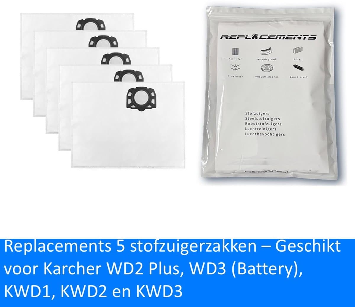 Replacements® 5x Stofzuigerzakken geschikt voor Karcher WD2 Plus, WD3 (Battery), KWD1, KWD2, KWD3, WD3.200 - WD3.800 M — afbeelding 1