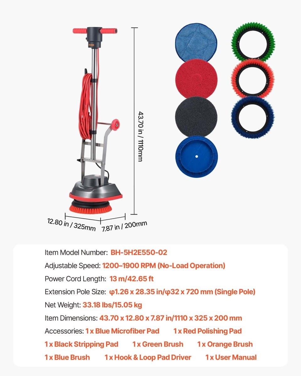 Professionele Schrob- en Boenmachine - Vloerpolijstmachine - Max. 1900 t/min - 13 m Kabel - Inclusief 3 Pads en 3 Borstels - 2 Wielen - Elektrisch — afbeelding 1