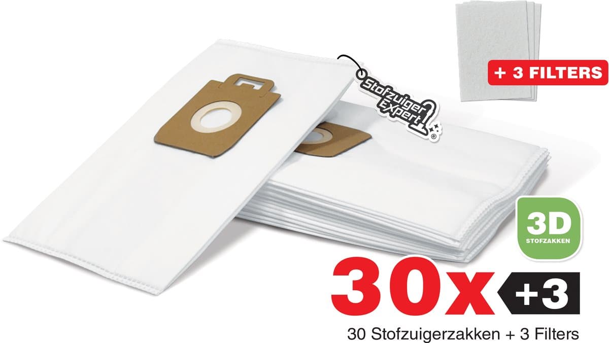 30x Stofzuigerzakken geschikt voor Nilfisk King / Extreme + 3 Filters - Duurzaam Karton Zonder Plastic - 3D Stofzakken + 3 Hygiëne filters - Premium kwaliteit - Multi lagen - Anti Allergie - Geschikt voor o.a. King, Extreme, Power en Elite Series — afbeelding 1