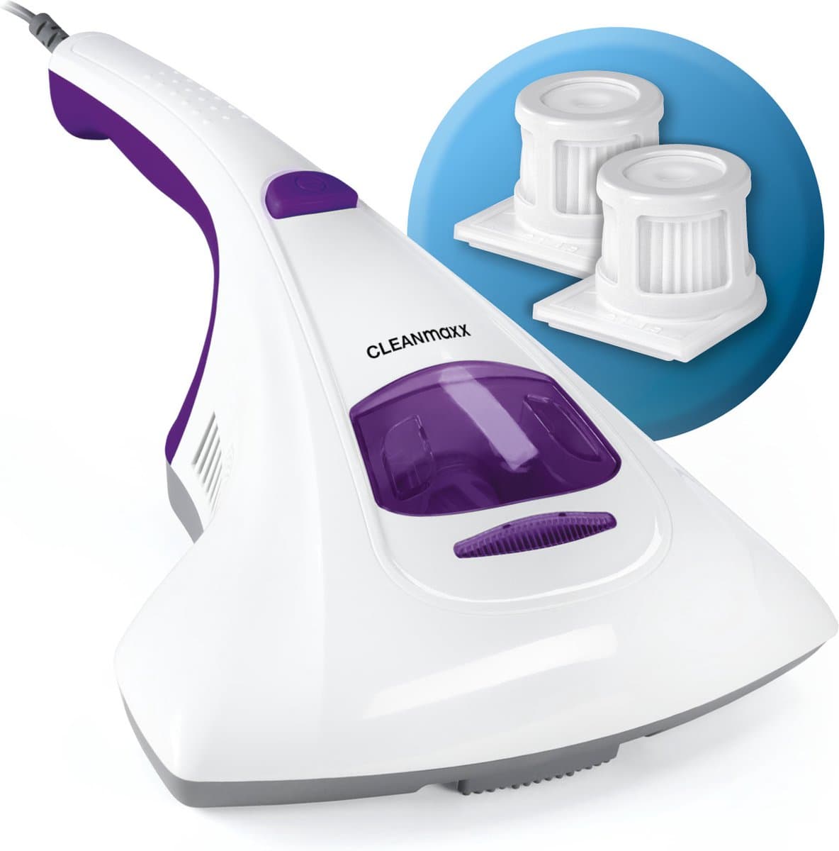 CLEANmaxx mijtstofzuiger met UV-C-licht en 2 EPA-filters, handstofzuiger voor matrassen voor mensen met allergieën, anti-mijt matrasreiniger die 99,9% van alle mijten, bacteriën en bedwantsen vernietigt, paars — afbeelding 1