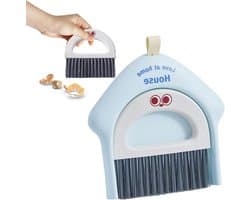 Bezem en stoffer set - Mini veegset - Bureau reinigen - Inklapbare handgreep - 185 x 17 cm - Blauw