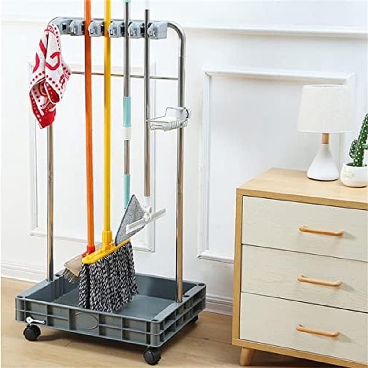 Roestvrijstalen Schoonmaakwagen - Reinigingskar Mobiel - Schoonmaken Organiseren - Verdikte ABS Opvangbak - 115 cm Hoog - Zilver — afbeelding 1