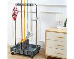 Roestvrijstalen Schoonmaakwagen - Reinigingskar Mobiel - Schoonmaken Organiseren - Verdikte ABS Opvangbak - 115 cm Hoog - Zilver