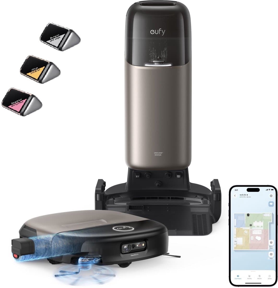 eufy Dweilrobot HydroJet S2 met 3pcs Aromatherapy block, 30kPa AeroTurboTM 2.0-Zuigkracht, Vloerreinigingssysteem 2.0, EcoCleanth Elektrolyse, Randreiniging, Haarvrije DuoSpiralt" Borstels, 12-in-1 UniCleanTM Station — afbeelding 1