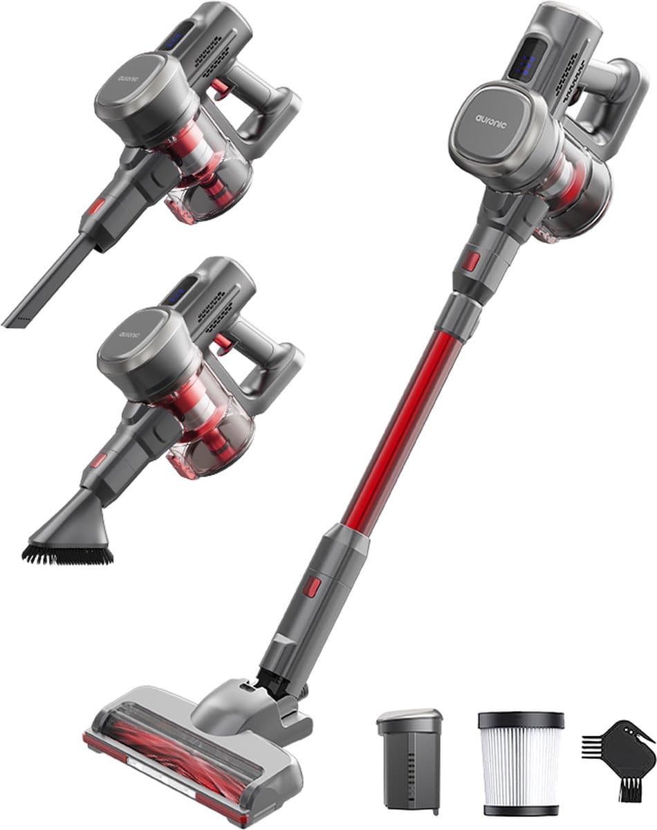 Auronic Steelstofzuiger Draadloos 220W - Draadloze Stofzuiger - HEPA Filter - Zelfstaand - Op Accu - Zonder Zak - Kruimeldief - Vacuum Cleaner - Grijs/Rood — afbeelding 1