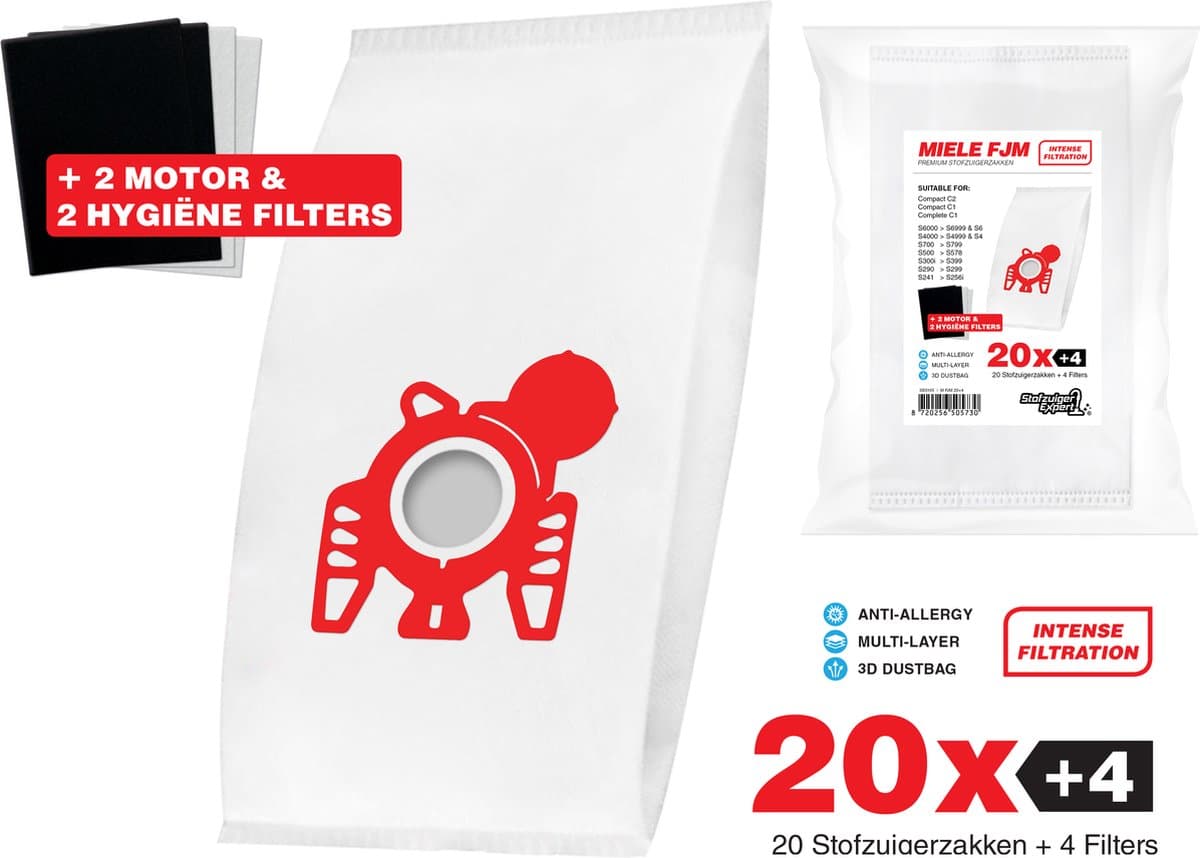 20x Miele Stofzuigerzakken FJM - 3D stofzakken + Filter set - Hygiëne en Motor filter meegeleverd! Premium kwaliteit - Multi lagen - Anti Allergie -Geschikt voor o.a. Miele C2, C1, S6, S4, S6000, S4000, S700, S500, S300, S200 — afbeelding 1