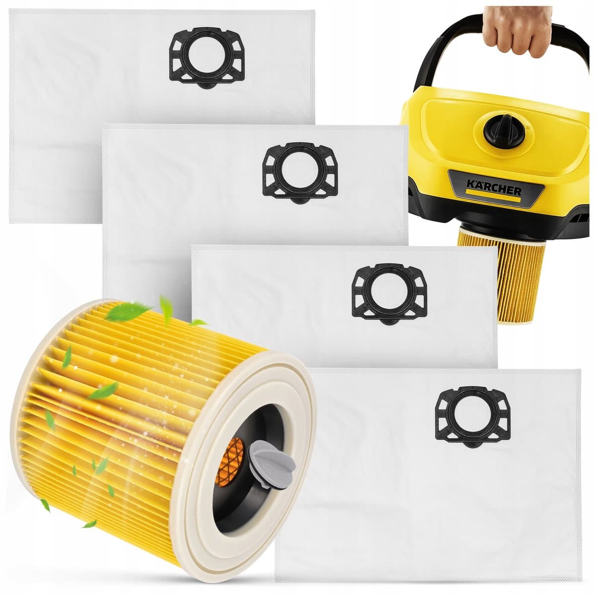 4x synthetische Karcher WD3 stofafzuigtanden + filter — afbeelding 1
