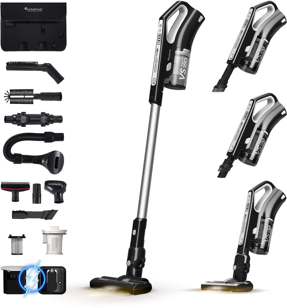 TurboTronic VS180 Cyclonic - 2-in-1 draadloze Steelstofzuiger met kruimeldief – hoge zuigkracht - 2 snelheden - 2200 mAH accu - 180W - extra accessoires - Zwart — afbeelding 1