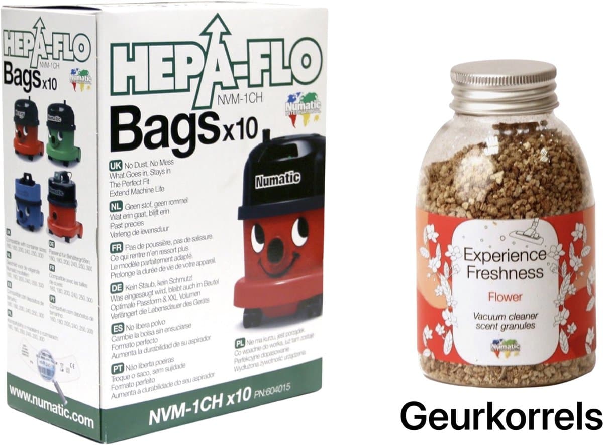 Numatic - Stofzuigerzakken + Geurkorrels (bloemen geur) - Hepa flo bags - Voor Henry/Hetty - NVM 1CH X10 - COMBIDEAL — afbeelding 1