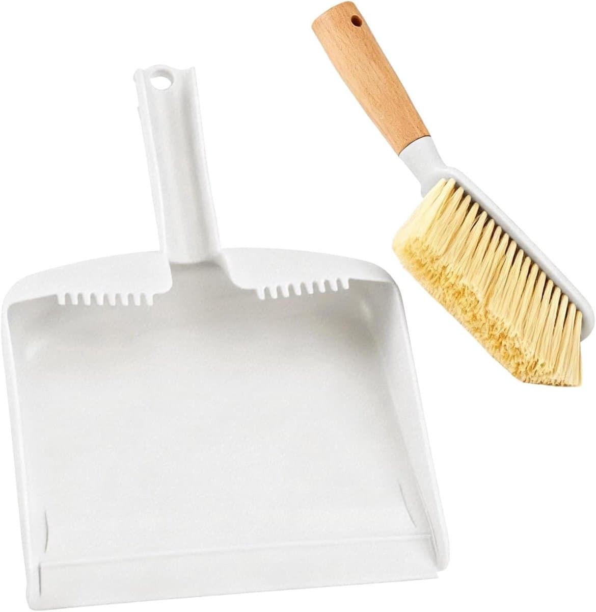 Mini bezem schep - Kleine veger - Kleine ruimtes reinigen - Ergonomisch houten handvat - Compact formaat - Wit — afbeelding 1
