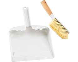 Mini bezem schep - Kleine veger - Kleine ruimtes reinigen - Ergonomisch houten handvat - Compact formaat - Wit