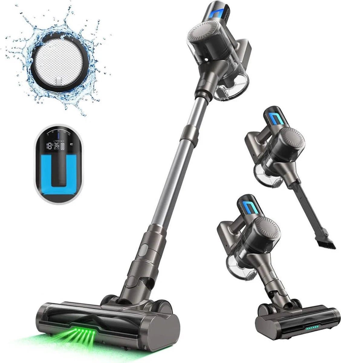 Steelstofzuiger Draadloos - Steelstofzuiger - Stofzuiger - Steelstofzuiger Snoerloos - Krachtige Zuigkracht - 33kPa - LED-scherm - 45 min. looptijd - 420 W - borstelloze motor - groen licht - grijs — afbeelding 1