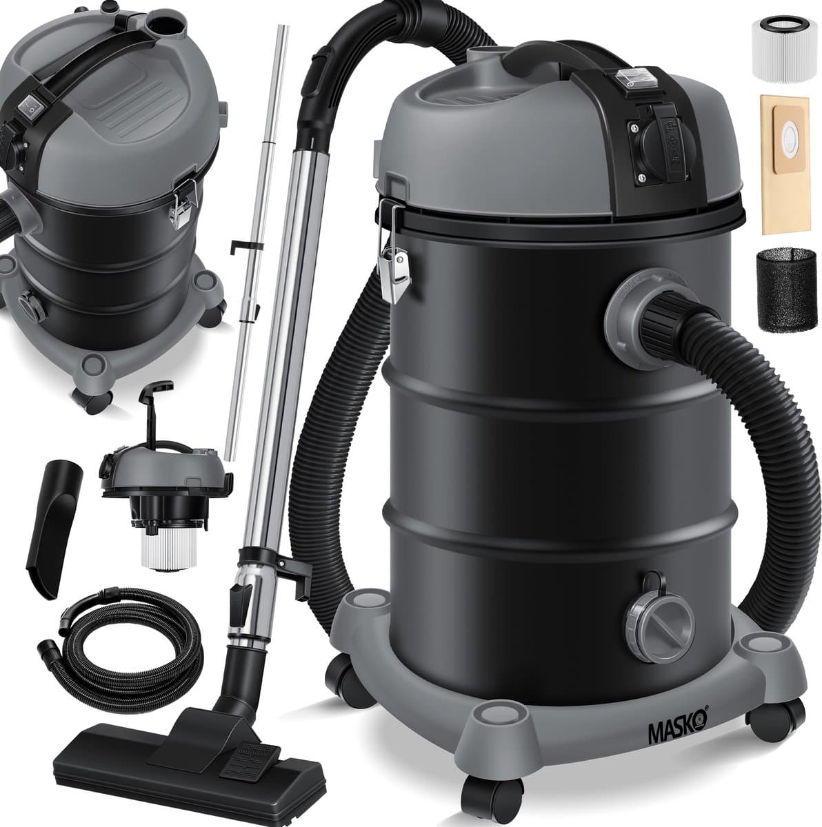 MASKO® industriële stofzuiger nat-droog roestvrij staal 2300W + stopcontact | blaasfunctie | droog en nat zuigen | Push&Clean | industriële stofzuiger met en zonder zak | zakloos - Antraciet — afbeelding 1
