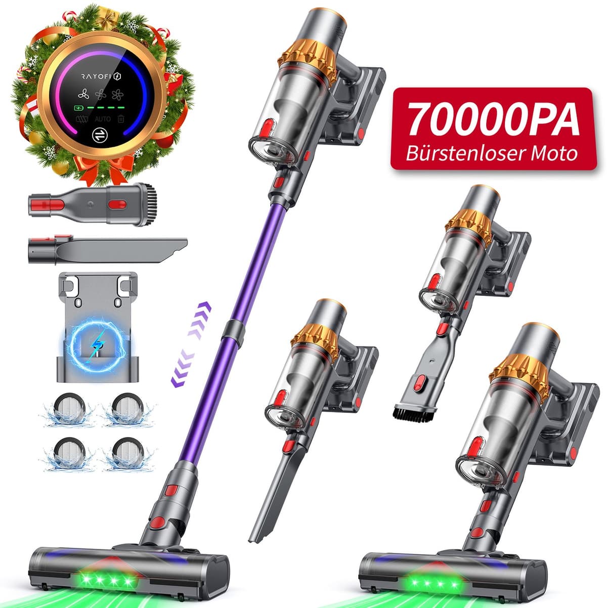 Vovtenza -Steelstofzuiger - Draadloze stofzuiger - 70000 PA zuigkracht - LED-display - Zakloos-werkt op batterijen - Geschikt voor dierenharen - Wordt geleverd met 4 verschillende opzetstukken - 3 zuigstanden - Anti-klit vloerborstel - 1,8 liter-Goud — afbeelding 1