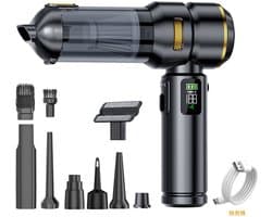 4‑in‑1 draadloze accu‑handstofzuiger, 32000PA sterke autostofzuiger met lcd‑scherm, borstelloze motor, 3 versnellingen, 300000 omw/min, mini stofzuiger voor auto en kantoor(Zwart en goud)