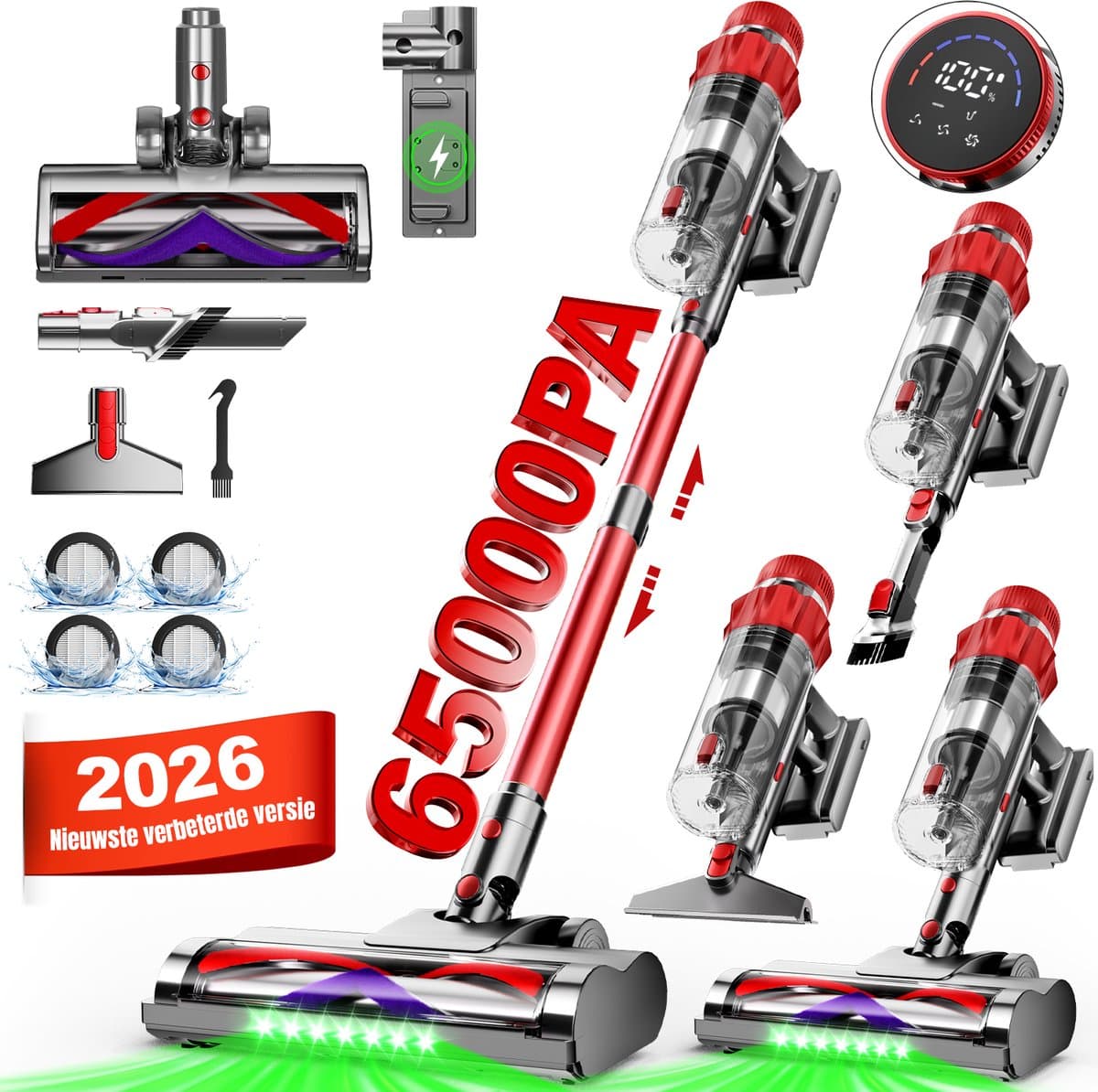 Elekiatech - Steelstofzuiger Draadloos - 65000Pa - 70 Min Gebruikstijd - 8-in-1 Filtersysteem - Rood — afbeelding 1