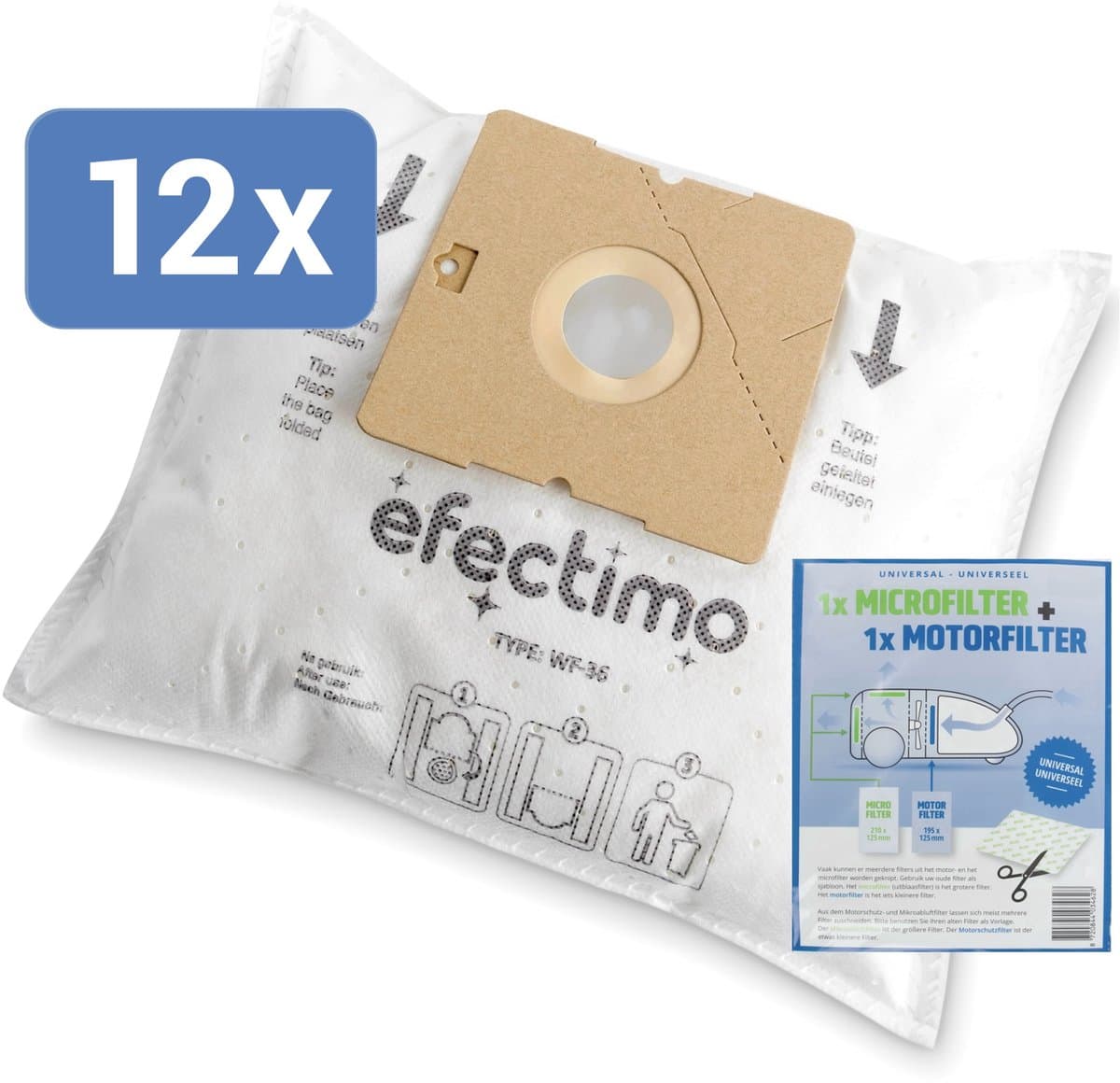 Tomado stofzuigerzakken van efectimo + filterset - 12 stuks - ook geschikt voor Tomado tvc3003b stofzuigerzakken, Tomado tvc2002b stofzuigerzakken en Princess stofzuigerzakken 335010 - drielaags topkwaliteit microvezel — afbeelding 1