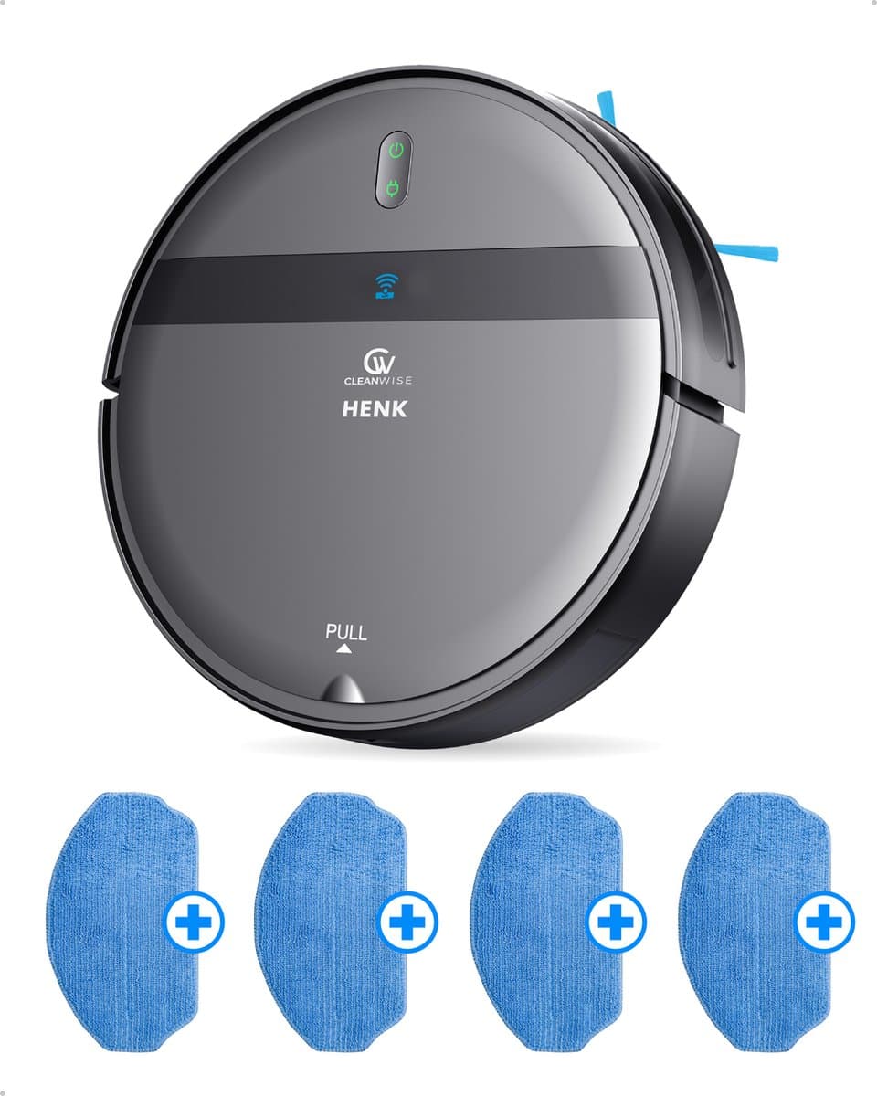 CleanWise Henk Robotstofzuiger + 4 dweildoeken – Nederlands Product – Voor Huisdieren – Met Dweilfunctie & Laadstation – Dweilrobot – 4500 Pa – HEPA 14 – Ultra dun 7,4 cm – App & Spraakbediening – Voor Huisdierharen, Harde Vloeren & Tapijt — afbeelding 1