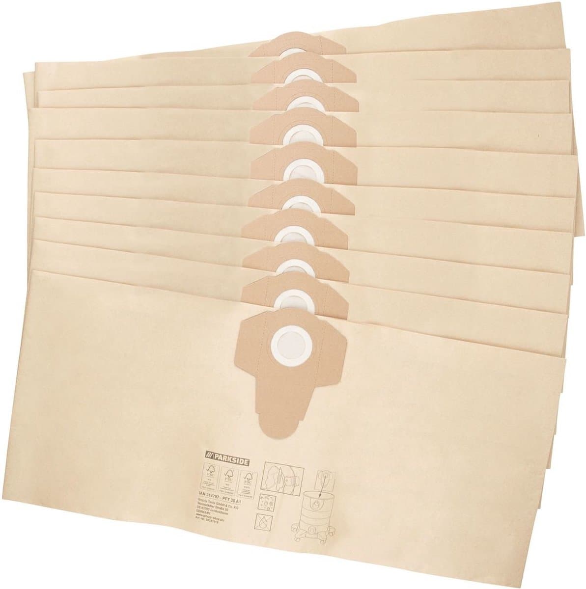 PARKSIDE 10 filterzakken voor nat-/droogzuigers - 30L - Filters voor gebruik in nat-/droogzuigers - Voor gangbare stofzuigers - Stofzuigerzakken — afbeelding 1