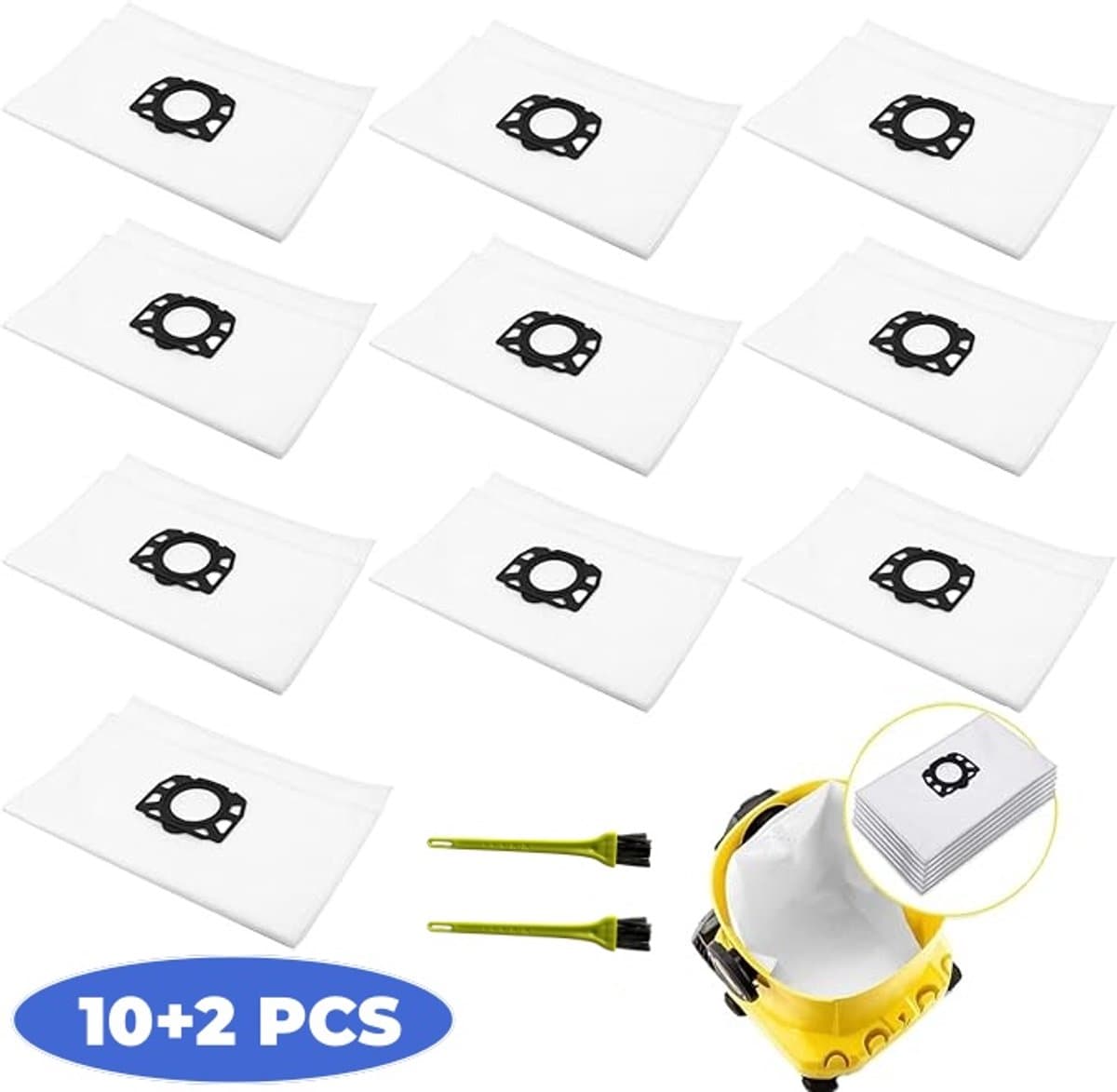 10 stuks stofzuigerzakken vliesfilterzakken stofzakken voor Kärcher WD4/WD5/WD6/MV4/KD3/WD3 - passend voor de Kärcher nat-/droogzuiger - filterzakken met 2 borstels — afbeelding 1