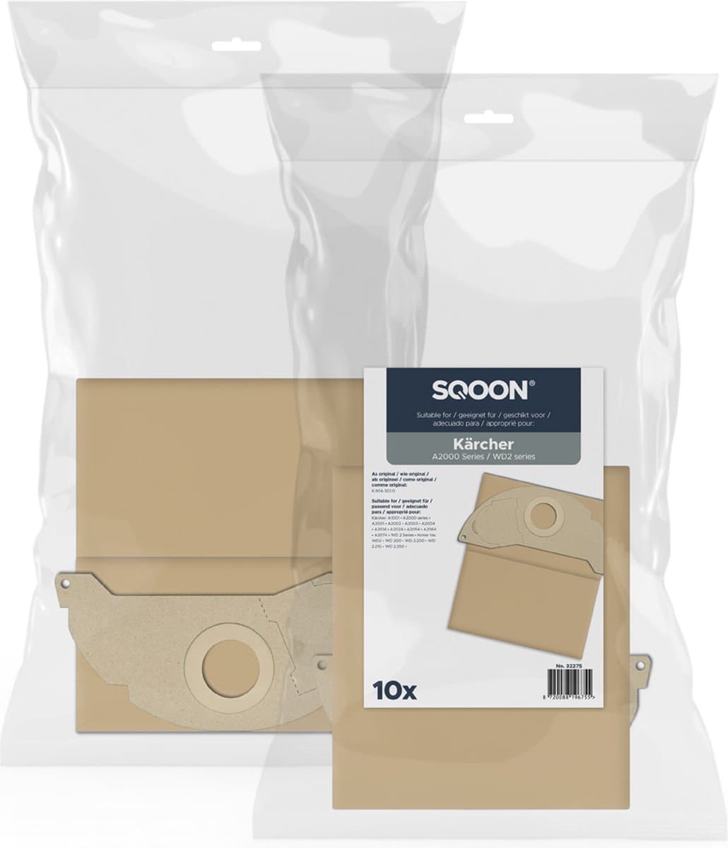 SQOON® Stofzuigerzakken Geschikt voor Kärcher A2000 Series & WD2 Series (o.a. A2004) – Papier – 10 Stuks — afbeelding 1