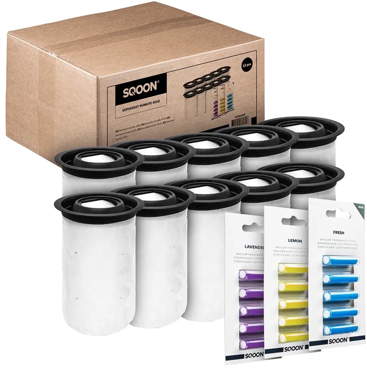 SQOON® Stofzuigerzakken geschikt voor Numatic PODS Henry Quick / Hetty Quick / NQ Quick – Set van 10x Stofzuigerzakken gelijk aan 915744, 915269 + 15x Geursticks — afbeelding 1